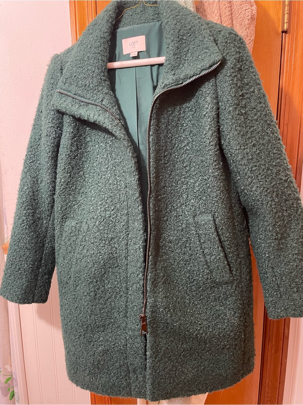 LOFT Green Bouclé Zip-Front Teddy Coat